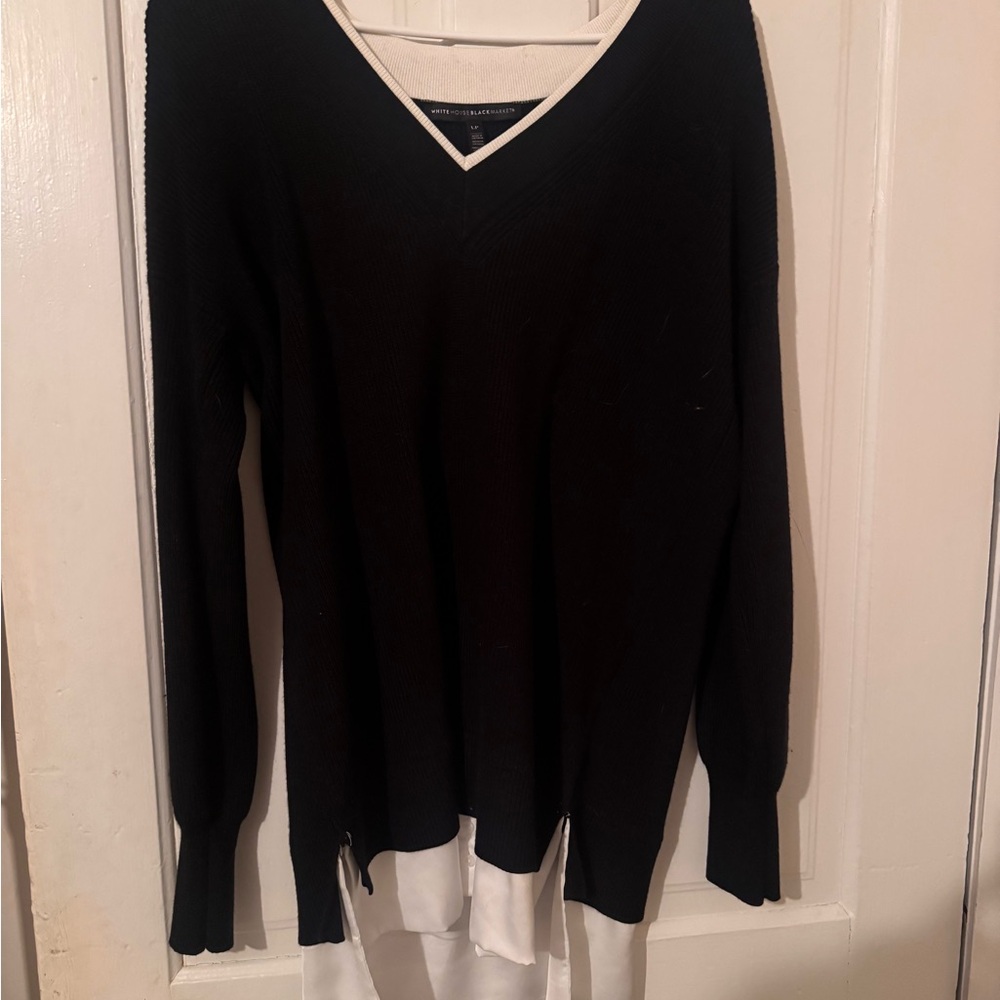 White House Black Market Black V-Neck Sweater with White Accents